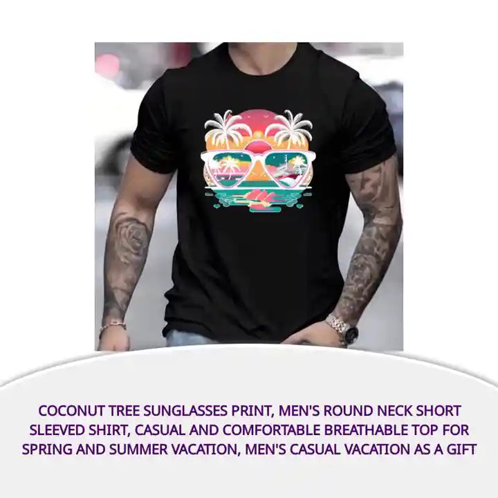 Coconut Tree Sunglasses Print, Men's Round Neck Short Sleeved Shirt, Casual And Comfortable Breathable Top For Spring And Summer Vacation, Men's Casual Vacation As A Gift by@Outfy